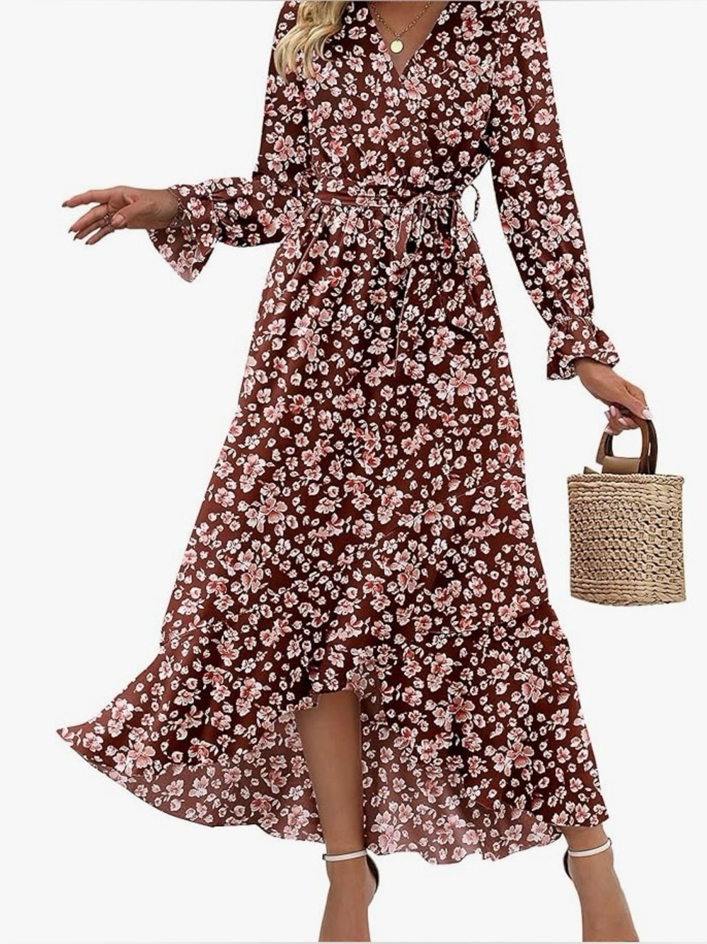 Donna Morgan Fall flowing Floral Wrap Maxi Dress in Brown